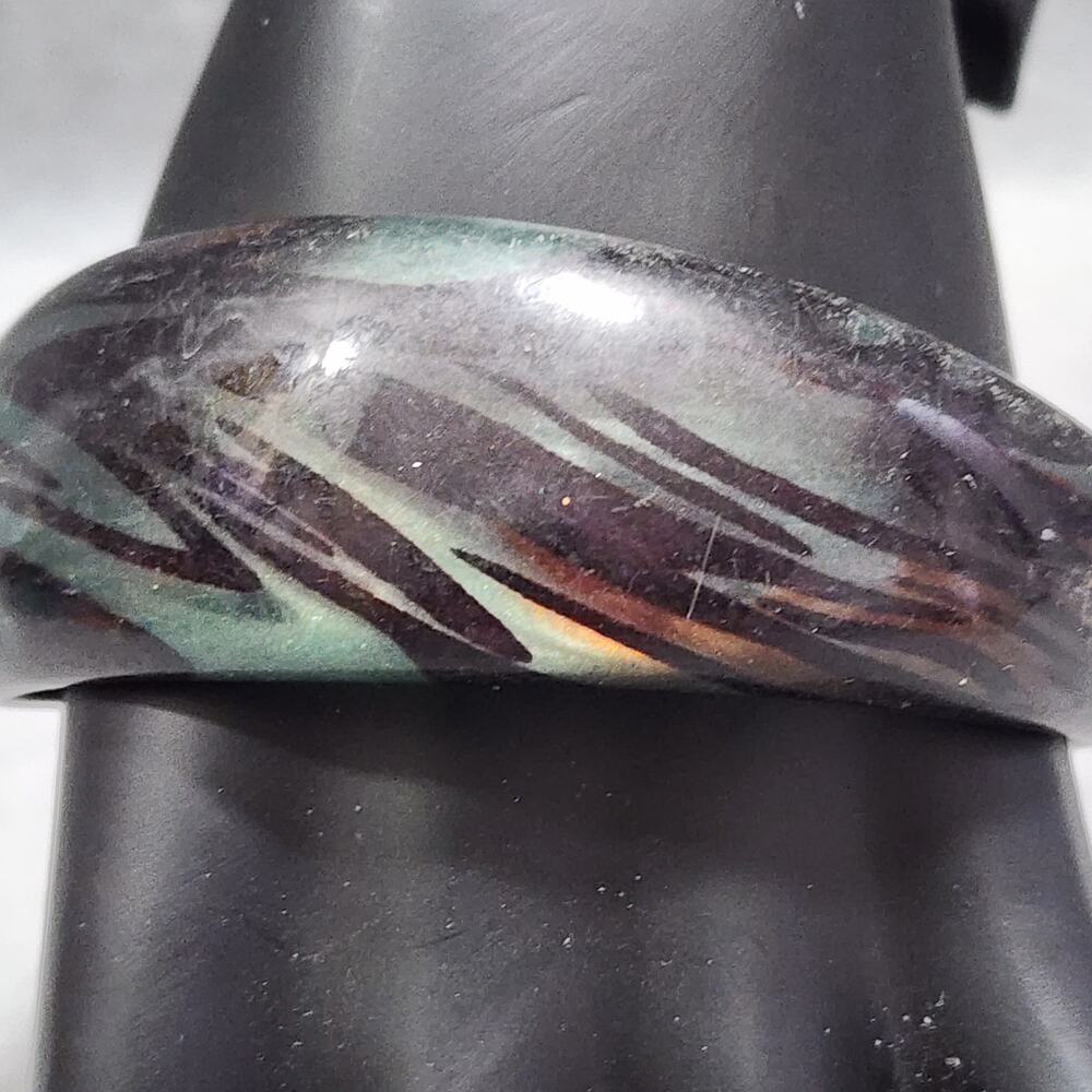 Chunky Domed Bangle Bracelet Polished Marbled Swirled Green Amber Pattern Lucite